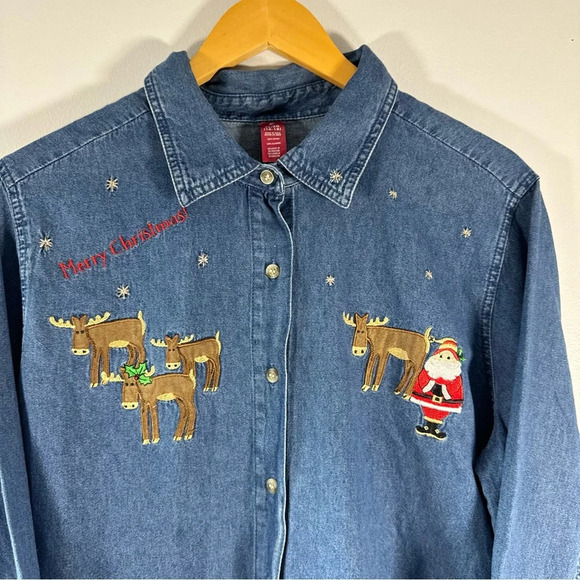 Vintage Christmas Long Sleeve Denim Woven Shirt Embroidered Santa Moose XL - Picture 3 of 8